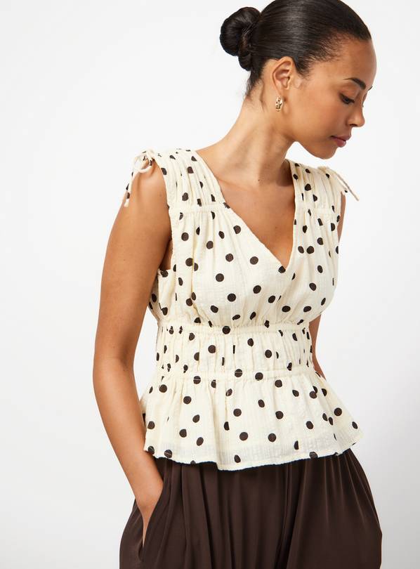 Light Yellow Polka Dot Print Seersucker Sleeveless Shirred Top 10